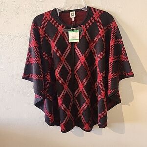 Anne Klein Women Red Black Plaid Sweater Cardigan Shawl Checkered Large New NWT
